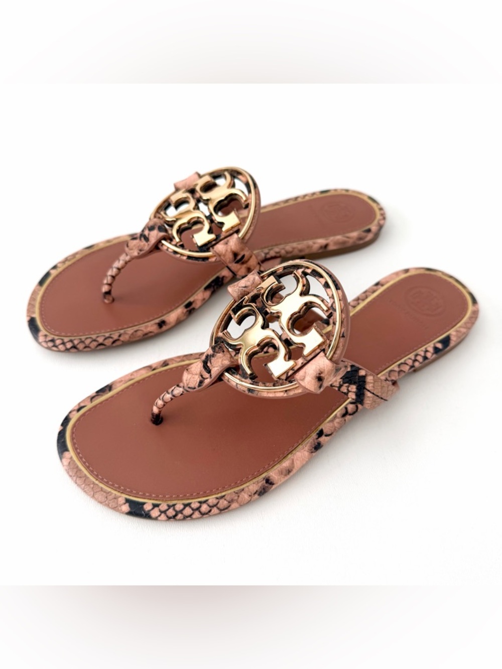 TORY BURCH || Metal Miller Snake Print Leather Sandals Blush Roccia Gold Size 8